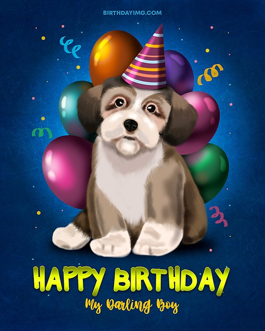 Free For Boy Happy Birthday Image with Puppy & Balloons - birthdayimg.com