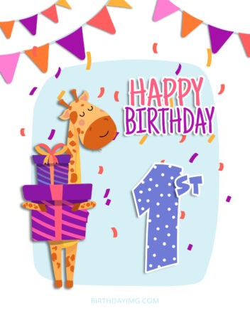 Free 1st Year Happy Birthday Image With Giraffe and Gift Box - birthdayimg.com