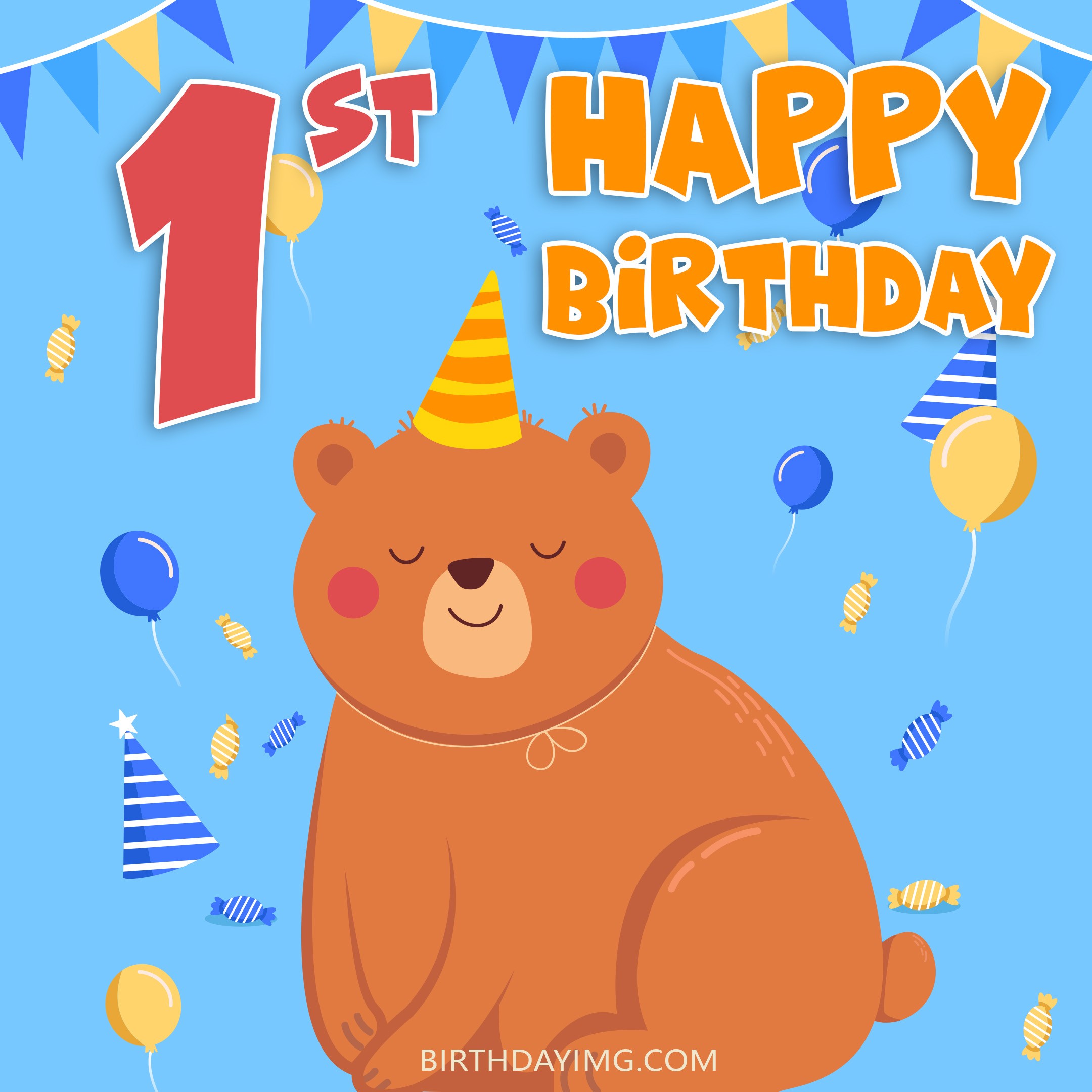 Free 1st Year Happy Birthday Image With Bear And Balloons - birthdayimg.com